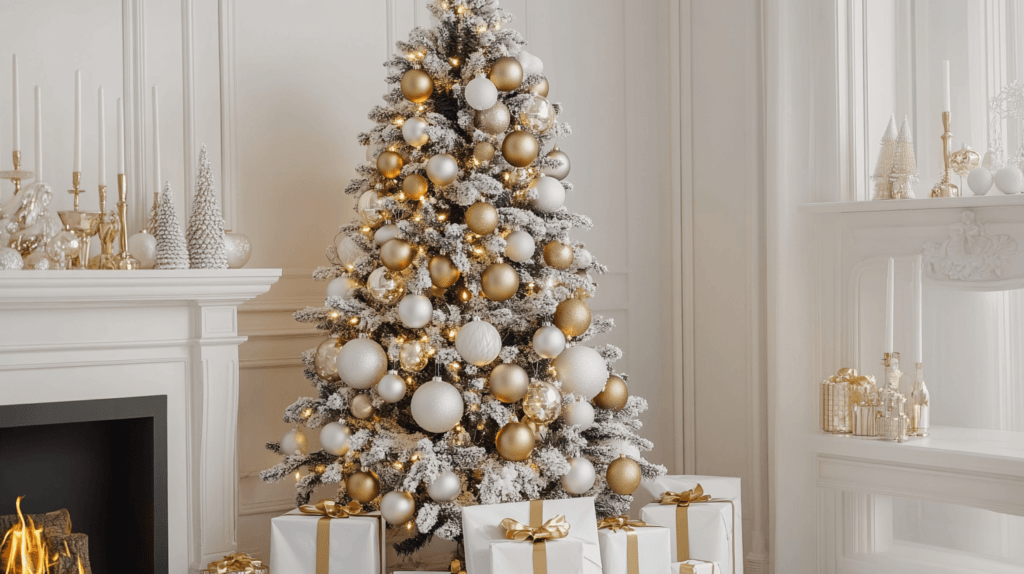 A tall, elegant Christmas tree adorned with white and gold ornaments, gold ribbon, and white twinkling lights. Presents wrapped in matching white and gold paper are placed underneath. The room features minimalistic decor with a white fireplace and gold candle holders on the mantel.