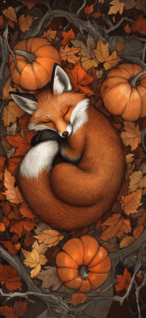 A whimsical illustration of a fox curled up in a pile of leaves, surrounded by pumpkins. 