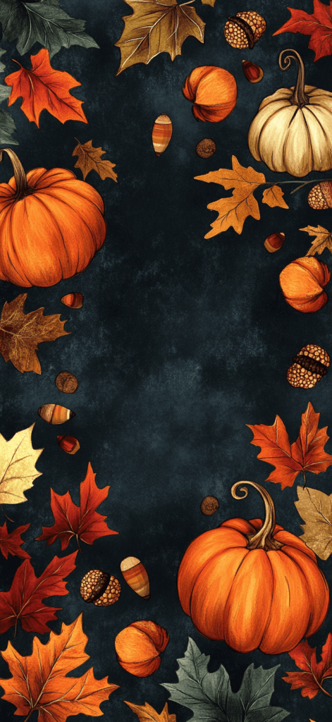 A whimsical pattern of pumpkins, acorns, and fall leaves on a dark, rustic background.