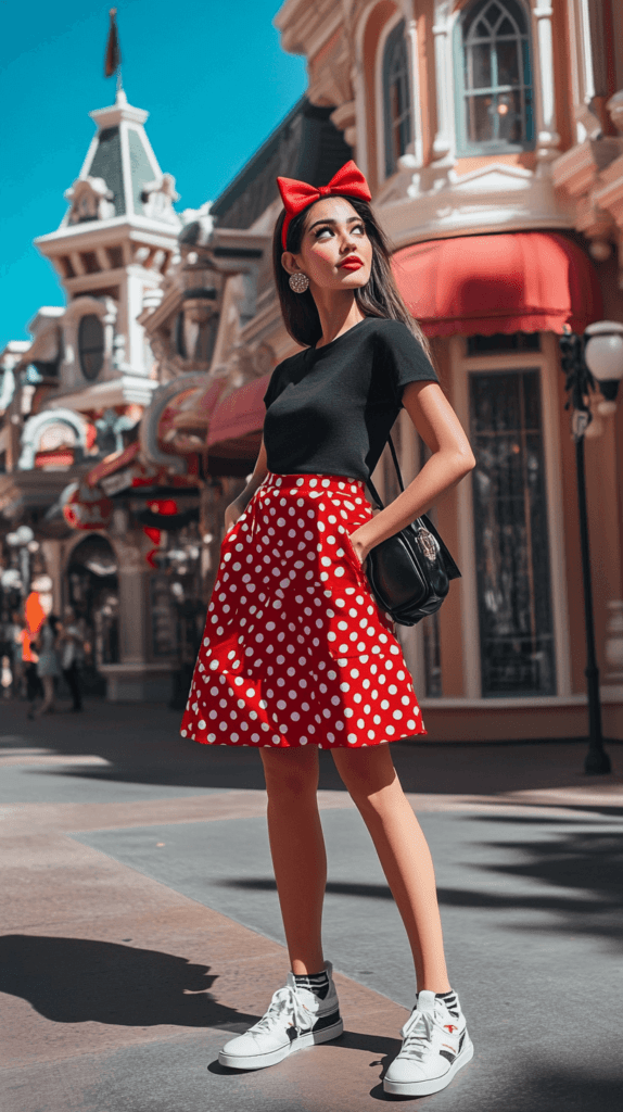 A woman in a red polka dot skirt with a black top and white sneakers. She’s wearing a red bow headband and carrying a small black crossbody bag. Her look is playful and feminine, reflecting Minnie Mouse’s signature style. 