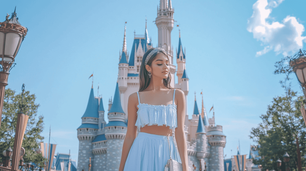 A woman standing at Disney World, facing forward, wearing a light blue sundress and white sneakers. She has a delicate silver headband and is holding a small, clear purse in front of her. She looks comfortable and chic, with Cinderella's castle towering in the background, capturing the essence of the character in a practical, everyday outfit.