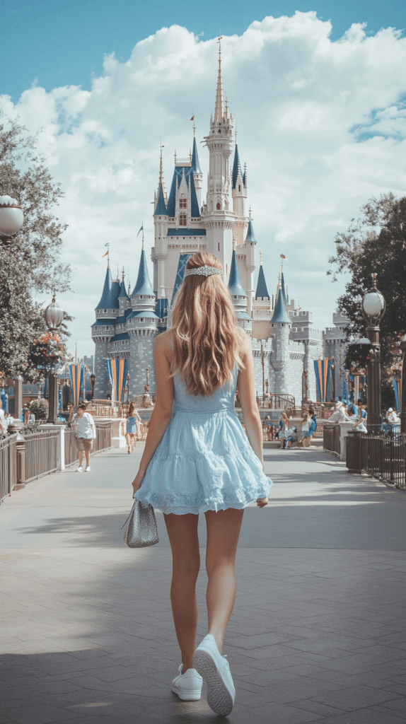 A woman walking through Disney World wearing a light blue sundress and white sneakers, with a delicate silver headband. She’s strolling near Cinderella’s castle, carrying a small, clear purse, looking comfortable and chic, with the iconic Disney castle in the background.