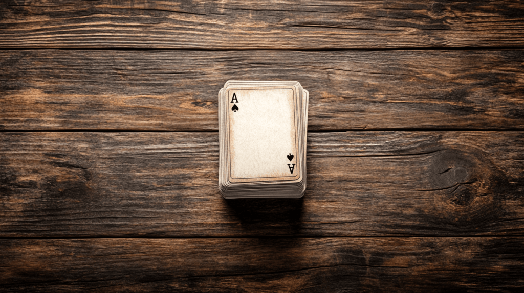 A wooden table with a simple, rustic texture, centered in the image is a standard deck of cards, neatly stacked face down. The cards are aligned perfectly in the middle of the table. Surrounding the deck, there’s a subtle, warm lighting that highlights the wooden grain of the table and the deck of cards, creating a cozy and inviting atmosphere. No other objects are present, keeping the focus on the deck of cards. Family party games. 