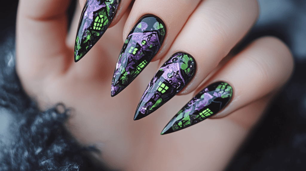 stiletto-shaped Halloween acrylic nails on a single female hand, with a purple and green color palette, featuring intricate haunted house designs on each nail.