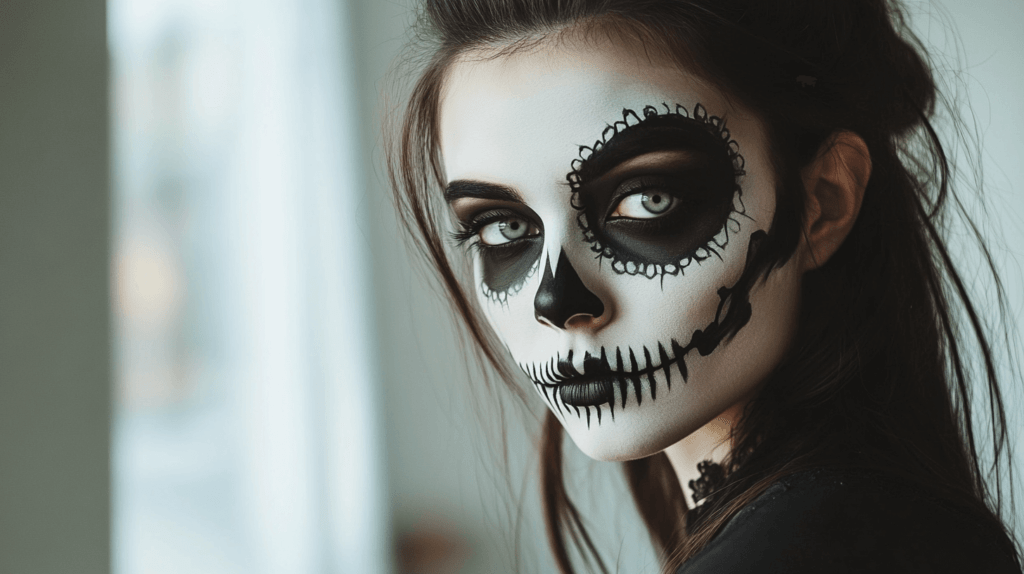 halloween makeup ideas; woman with skeleton makeup