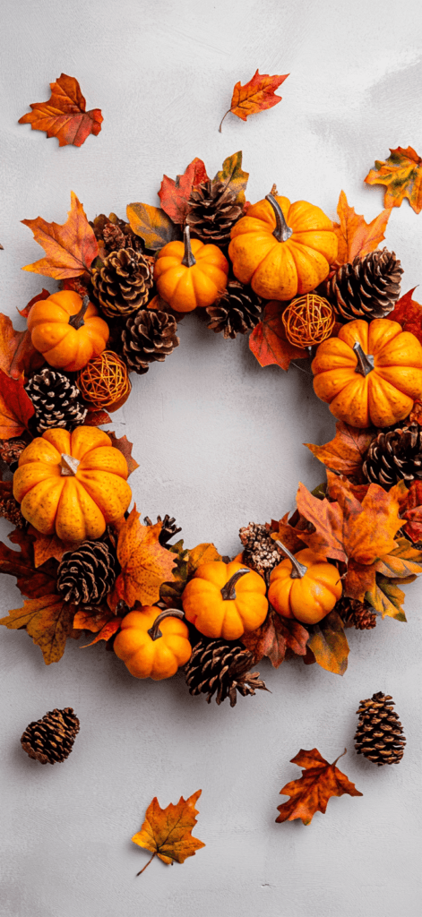 An autumn wreath made of leaves, pinecones, and small pumpkins against a neutral background.