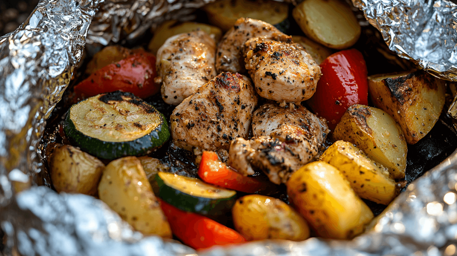 foil packet opened up to reveal a perfectly cooked meal. Inside, you can see chunks of chicken, sliced zucchini, bell peppers, and potatoes. The food looks tender and seasoned, with a slight char from being cooked over the campfire. The foil is slightly crinkled, and the scene gives a rustic, outdoor vibe.