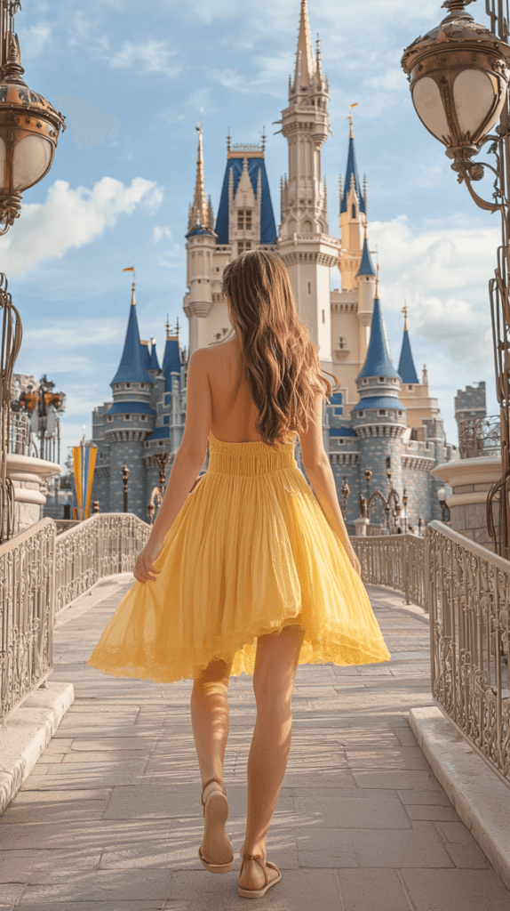 Belle from Beauty and the Beast Disney-Bound: A woman at Disney World wearing a soft yellow sundress and comfortable sandals. She’s strolling near the castle. Her outfit is simple yet elegant, giving a nod to Belle’s signature look with a fairytale charm.