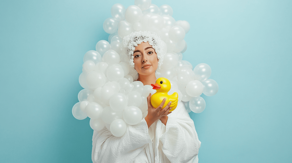Bubble Bath Costume: A person dressed in all white with clusters of white balloons attached to their outfit, mimicking bubbles. They are holding a rubber duck and wearing a bathrobe or shower cap, standing in a playful pose as if enjoying a relaxing bath.
