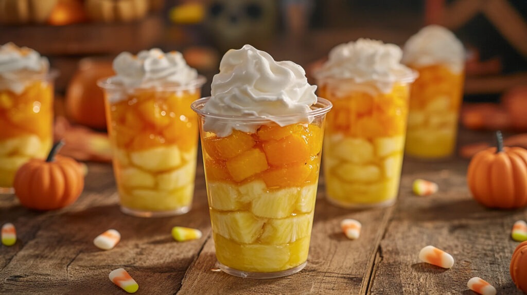 Clear cups filled with fruit layered. Yellow pinseapple chunk layer on bottom half of cup. Orange mandarin slices at the top of the cup, and fluffy white whipped cream on top of the oranges. The setup is on a rustic wooden table surrounded by small Halloween decorations like mini pumpkins and candy corn, creating a fun, festive atmosphere. 