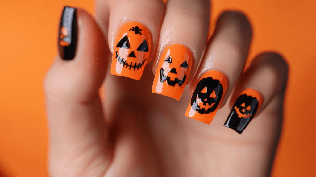 Close-up of a female hand with square-shaped Halloween acrylic nails, each nail displaying a different carved pumpkin face on an orange background. 