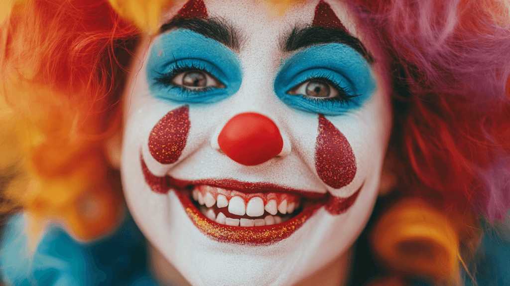 Clown Makeup: A cheerful, colorful clown face on a woman with white face paint, bright blue eyeshadow, red lips in an exaggerated smile, and a bright red nose. She is playful, with glitter on her cheeks and a colorful wig.