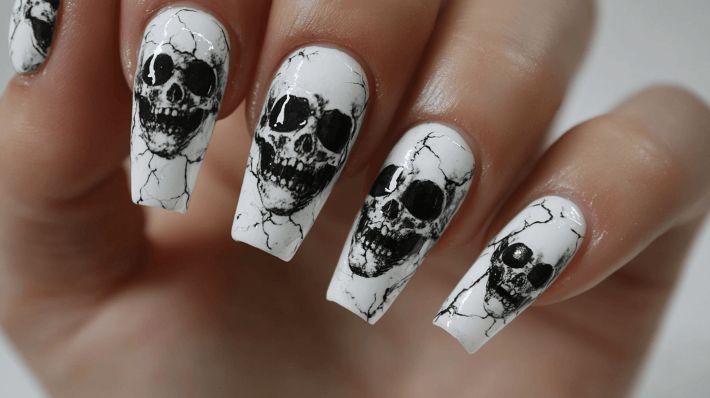 Coffin-shaped Halloween acrylic nails on a single female hand, each nail featuring a black skull on a white background, creating a spooky, yet polished look. 