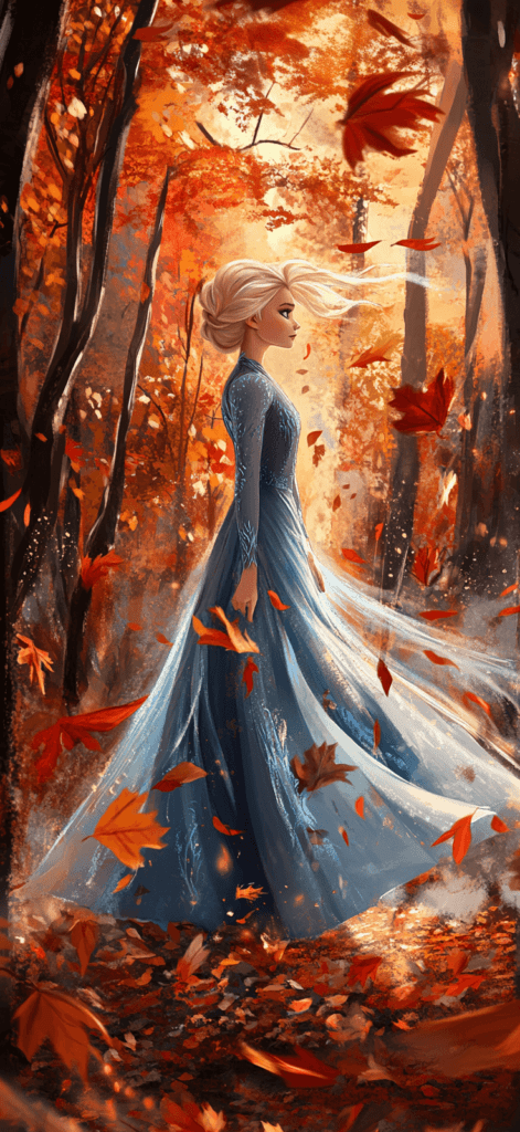 Elsa standing in a magical autumn forest, with fall leaves swirling around her in reds, oranges, and golds, creating an enchanting fall scene with her icy touch transforming the leaves.