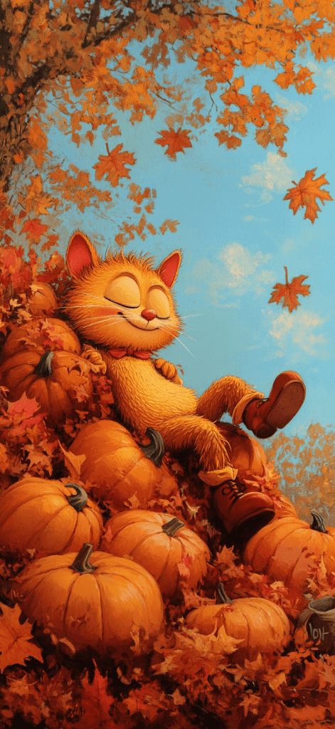 Orange cat lounging on a pile of pumpkins with a relaxed expression, surrounded by autumn leaves in shades of red, orange, and yellow, with a backdrop of a clear blue fall sky.