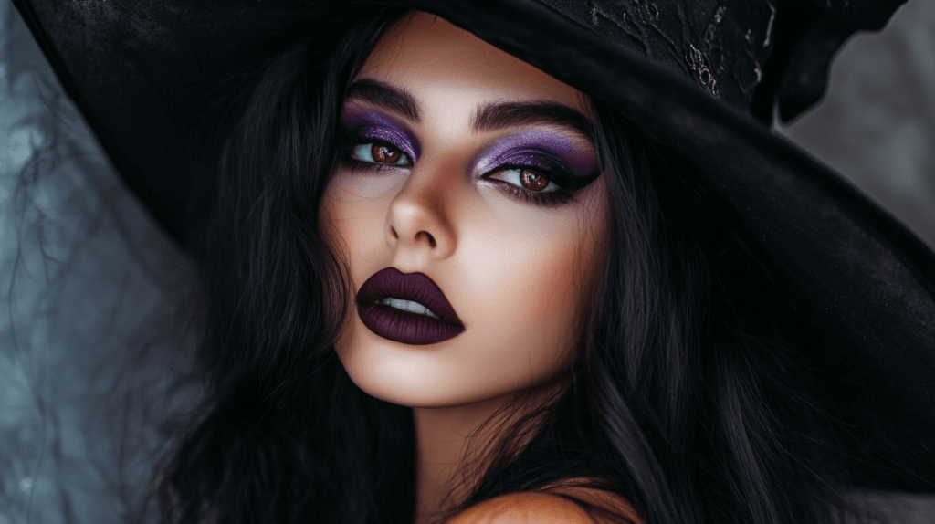 Glam Witch Makeup: A woman wearing dark, bold makeup, including deep purple lipstick and smoky, dramatic eyeshadow. She has a subtle sparkle on her cheekbones and is wearing a black witch hat with flowing hair. Halloween makeup ideas.