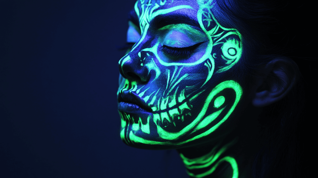 Glow-in-the-Dark Makeup: A woman in a dark room, her face glowing with eerie green and blue patterns. Skeleton designs on her face and neck light up, with glowing tears and lips. The glow creates a haunting yet mesmerizing effect.