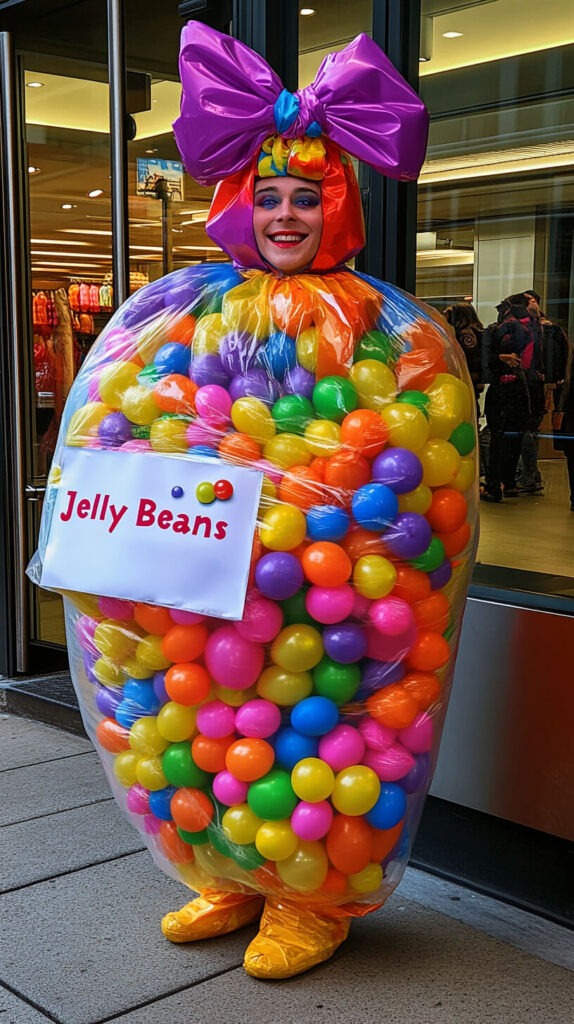 Human Jelly Bean Jar Costume: A person dressed in a clever costume of a large plastic bag filled with colorful balloons. They are wearing a sign that says "Jelly Beans" and a big bow on their head, standing in a playful and cheerful pose.
