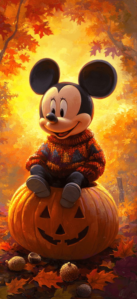 Mickey Mouse dressed in a cozy fall sweater, sitting on a pumpkin surrounded by colorful autumn leaves and acorns, with a warm golden sunset in the background.
