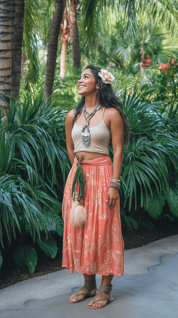 Moana Disney-Bound: A woman dressed in a coral flowy skirt and a beige tank top, standing near the Polynesian-themed area of Disney. She’s wearing sandals and a flower in her hair, with ocean-themed jewelry adding a subtle touch. The scene has tropical palm trees echoing Moana’s new island vibe at Epcot. 