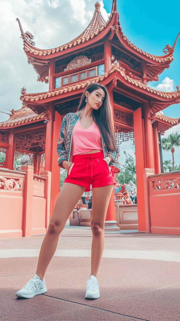 Mulan Disney-Bound: A woman dressed in a pink top and red shorts, wearing sneakers, and standing near the China pavilion in Epcot. She’s wearing a dark-toned light jacket that nods to Mulan’s warrior look, with a small dragon accessory clipped to her bag. The scene has traditional Chinese architecture in the background.