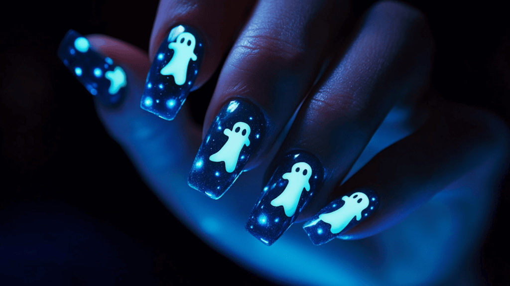 One female hand with coffin-shaped Halloween acrylic nails, painted with a glow-in-the-dark base and white ghosts on each nail, glowing in a dark setting. 