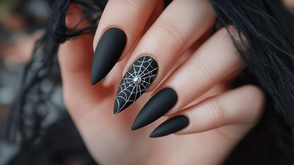 One female hand with stiletto-shaped Halloween acrylic nails, painted in matte black with a small silver metallic spider web accent on one nail.