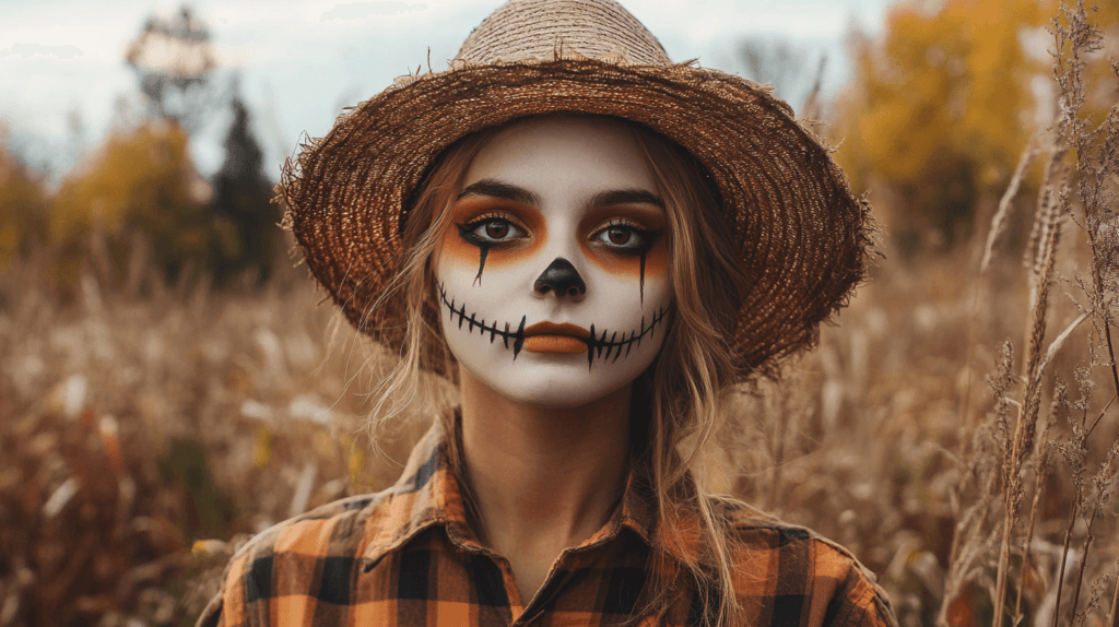 Scarecrow Makeup: A woman with a warm orange and brown eyeshadow, black stitches drawn across her mouth, cheeks, and forehead. She is wearing a straw hat and a plaid shirt, with a friendly yet eerie expression.