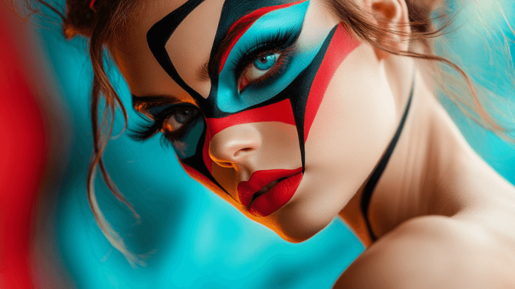 Superhero Makeup: A woman with comic-book-inspired makeup, outlined in bold black lines, mimicking a graphic novel style. She wears bright red and blue face paint, with sharp, exaggerated features, looking powerful and dynamic.