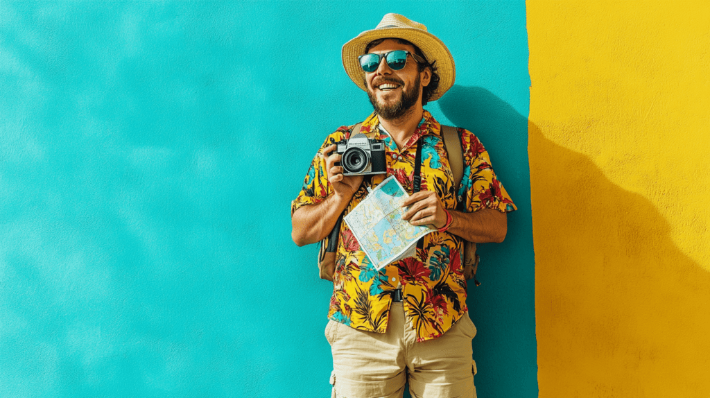 Tourist Costume: A person dressed as a stereotypical tourist, wearing a loud, colorful Hawaiian shirt, khaki shorts, and a sunhat. They are holding a camera around their neck, carrying a map, and wearing socks with sandals, all while showing a relaxed, happy expression.