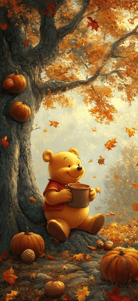 Winnie the Pooh holding a pot of honey while sitting under a large oak tree with golden fall leaves gently falling around him, surrounded by pumpkins and acorns. 