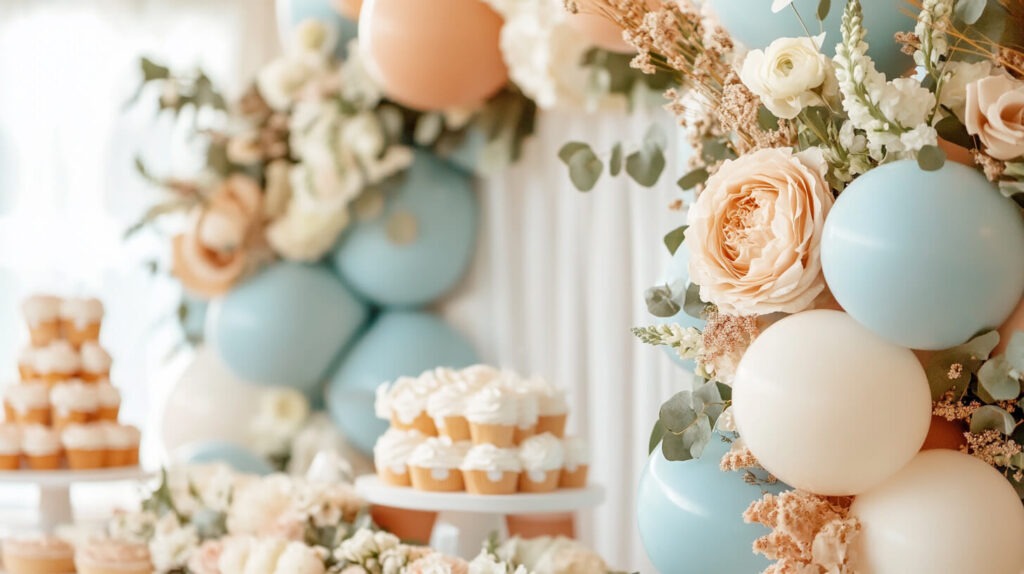 baby shower ideas with neutral and pastel flowers and balloons