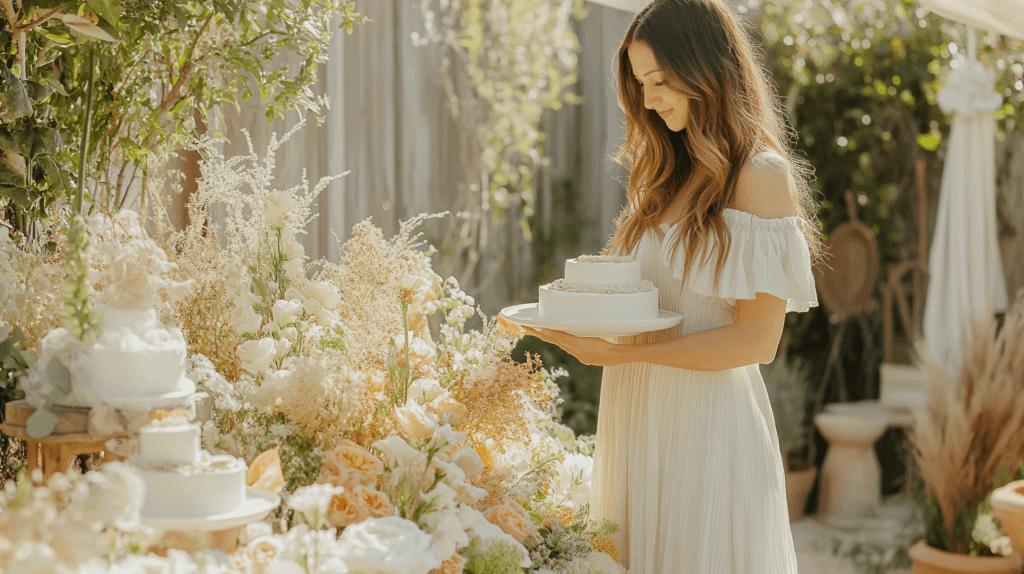 gender neutral baby showers ideas with woman in a white dress holding a white cake