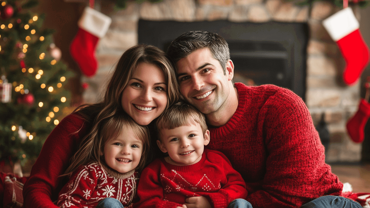 family of 4 in Christmas clothes