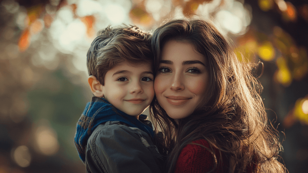 photo of a mom holding her son outside, close up shot