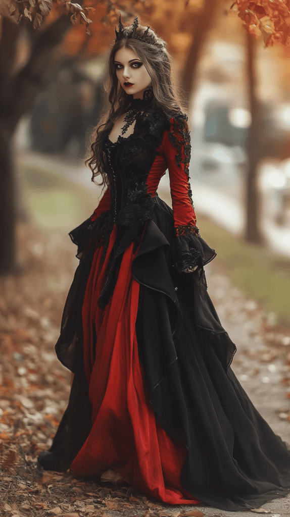 pretty woman, outdoors, dressed in an Halloween costume for adult, red and black vampire dress