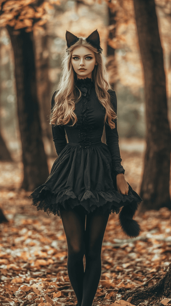 woman dressed in a black cat costume in a Fall scene outdoors