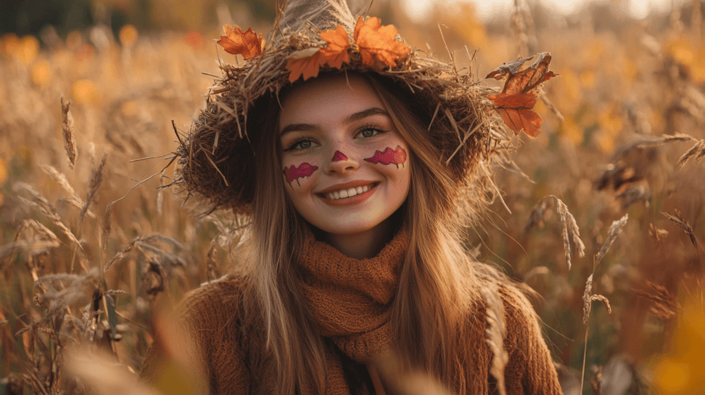 Halloween costumes for adults, woman dressed as a scarecrow