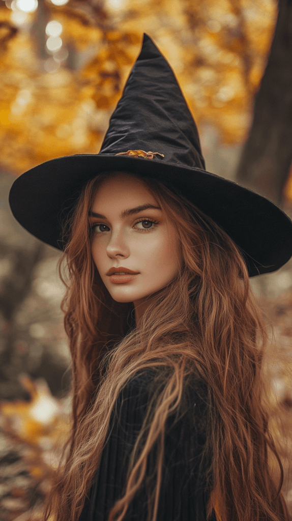 half-body shot of a woman with a witch hat on