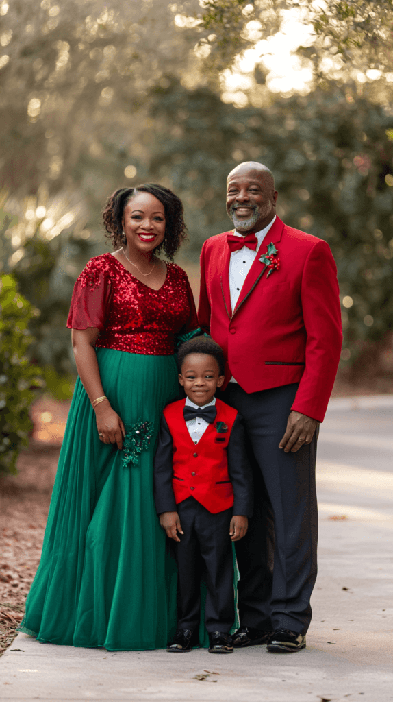 family of three, African American, in formal Christmas attire for family Christmas pictures