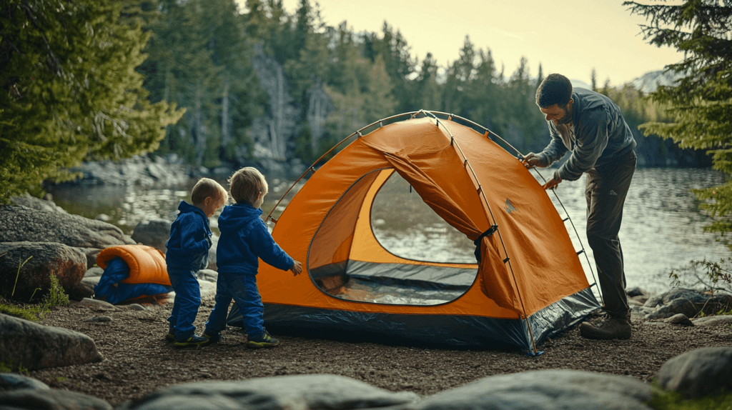 dad and two children setting up an orange tent near the water