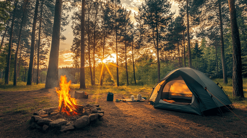 A cozy campsite for families in the early evening, set in a quiet area in the woods. A tent with its flaps open, a small campfire with marshmallows roasting on sticks, and some logs set up around the fire for seats make up the scene. There are tall trees in the background, and soft, warm light is coming through their leaves. The sky is clear, and a few stars are just beginning to show up. The mood should be cozy, welcoming, and calm, bringing out the simplicity and charm of family camping.