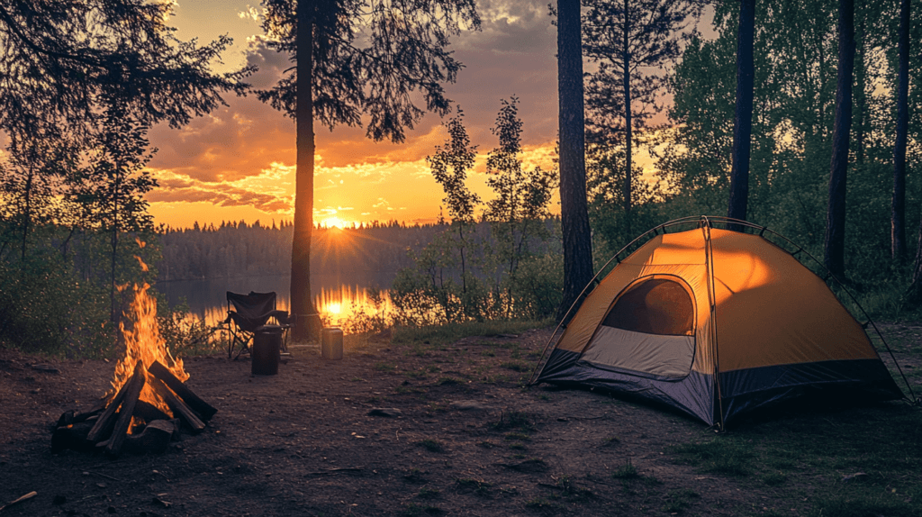 A cozy family campsite set in a quiet forest clearing during the early evening. The scene includes a tent with its flaps open, a small campfire with marshmallows roasting on sticks, and a few logs arranged around the fire for seating. In the background, there are tall trees with soft, warm light filtering through the leaves, and a clear sky with a few stars starting to appear. The atmosphere should feel warm, inviting, and peaceful, highlighting the simplicity and charm of family camping.