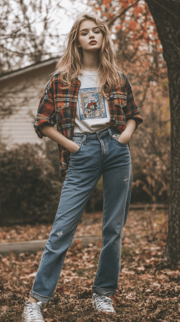 90s Throwback outfit: A teenage girl wearing high-waisted jeans, a flannel shirt, and a graphic tee. She could also be wearing chunky sneakers and a scrunchie in her hair. This look feels more true to the 90s grunge and casual style.