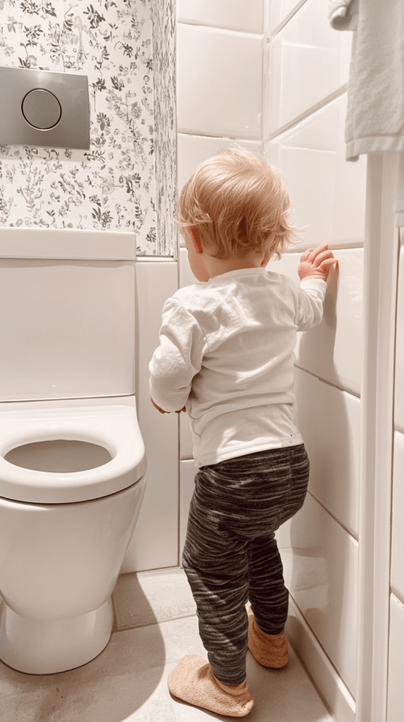 photo of a toddler getting ready for potty training in the bathroom; parenting hacks