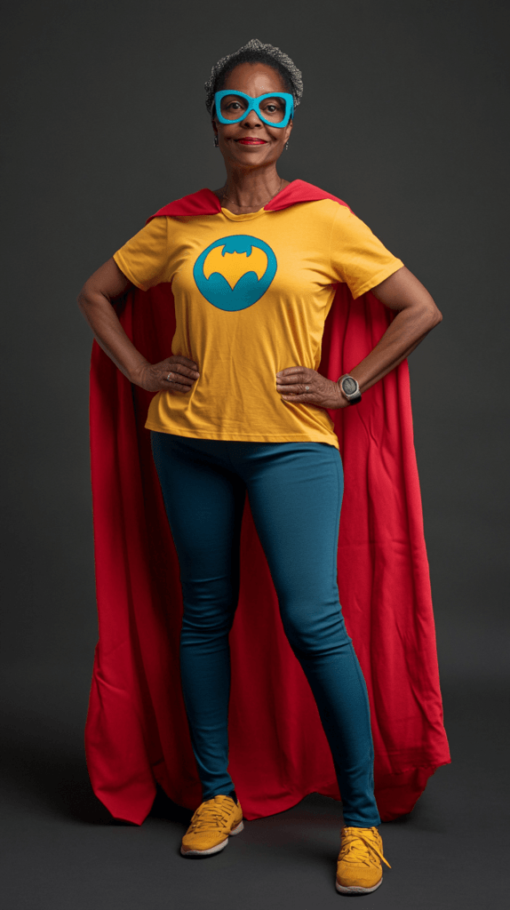 DIY Superhero Costume: A woman dressed in a homemade superhero costume, with a brightly colored cape, a matching mask, and a simple t-shirt with her superhero logo. She is confidently posing with her hands on her hips, symbolizing strength and originality.