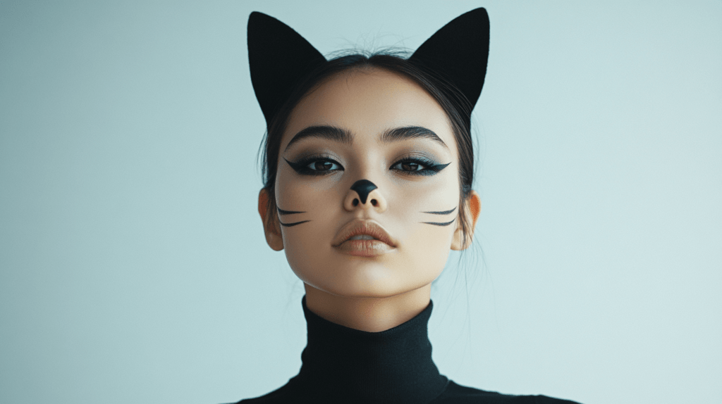 Cat Makeup: A woman with sleek black eyeliner shaped into a dramatic cat-eye, a cute black nose, and delicate whiskers painted on her cheeks. She is wearing a simple black outfit with matching cat ears.