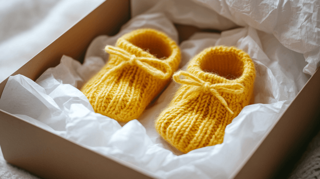 yellow knit booties in a brown box with white tissue paper