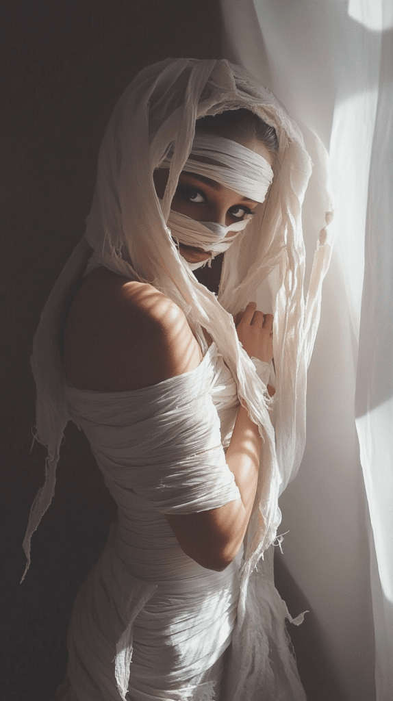 photo of a spooky yet stylish DIY Halloween costume for women, featuring one woman dressed as a mummy. She is wrapped in white fabric strips, with some loose ends dangling for a tattered look. Her makeup is minimal but includes darkened eyes for an eerie effect. She stands in a dimly lit room with soft shadows, giving a subtle, mysterious Halloween vibe.