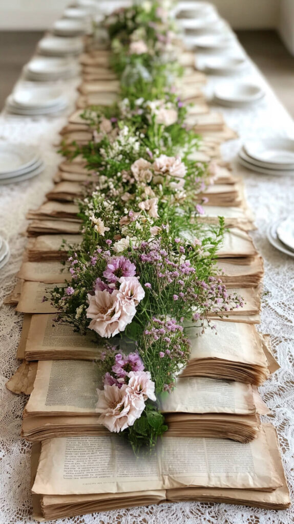 floral centerpieces with vintage book pages 